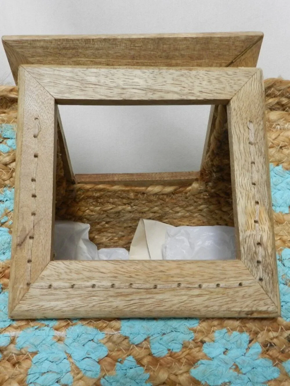 Twig & Arrow Jute large Hand painted tote bag carryall tan turquoise wood Summer - Picture 3 of 13